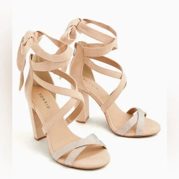 Torrid Nude Pink Embellished Rhinestone Lace up Ankle Strap Sandal Size 8.5 Wide - Picture 2 of 14